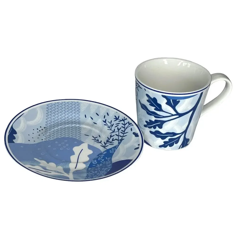 Asian Coffee Tea Cup Saucer Set Tokyo Angela Corti Porcelain Blue White Vtg